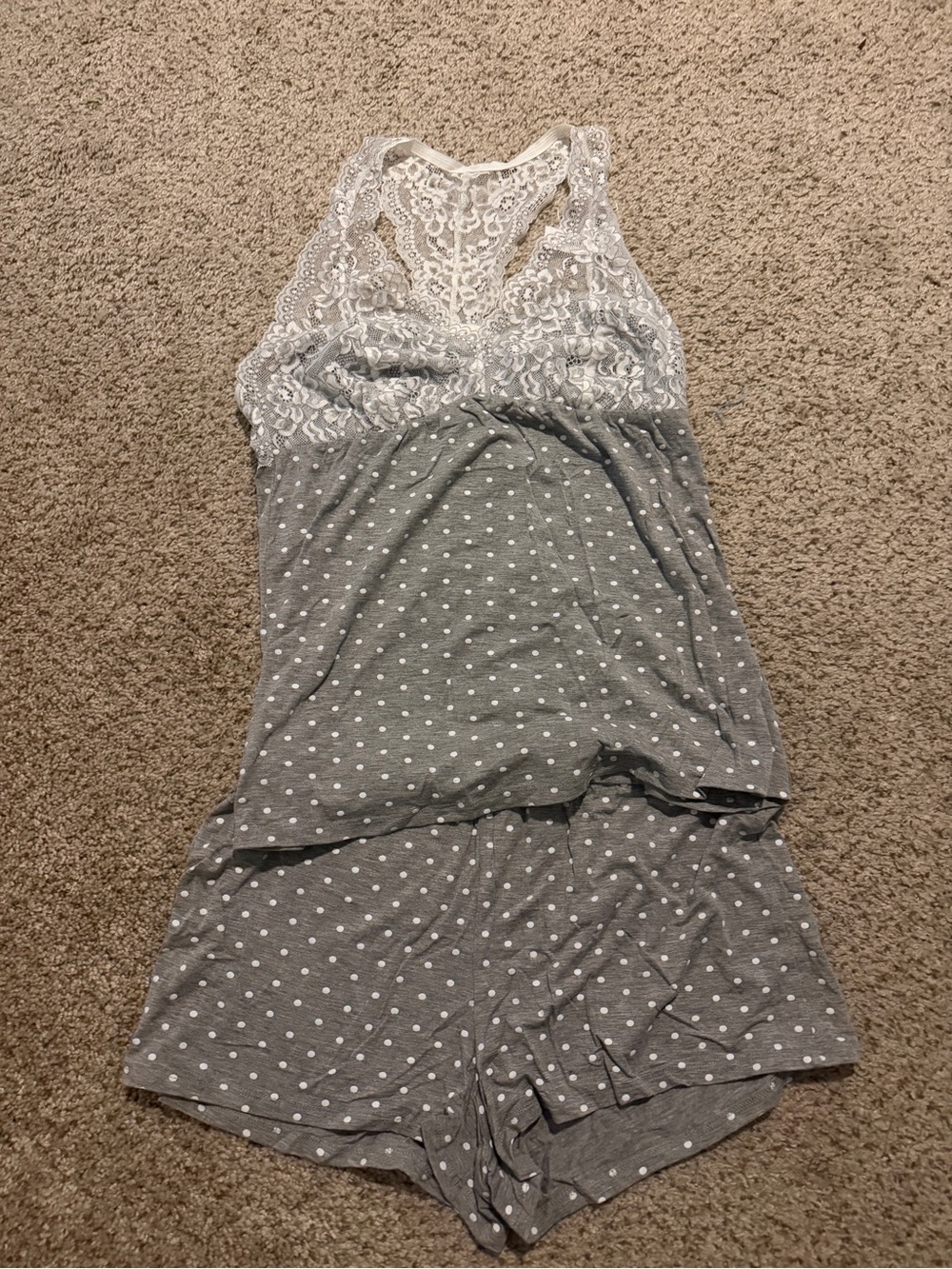 Gray Polka Dot Lace-Trim Sleep Romper & Shorts Set